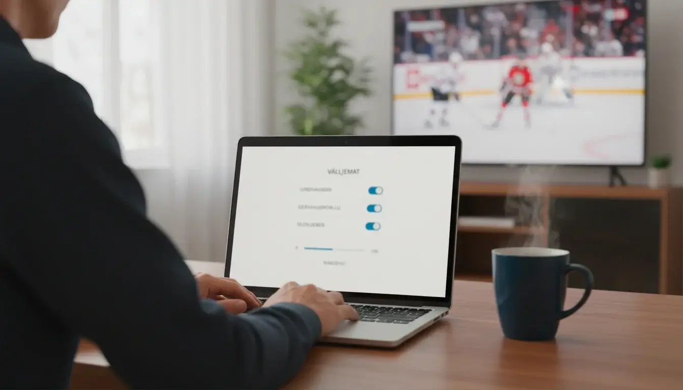 Lugn scen med person som sätter spelgränser vid dator med hockeymatch