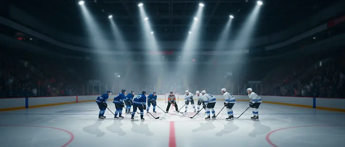 Ishockeyarena med spelare vid nedsläpp under en intensiv SHL-match