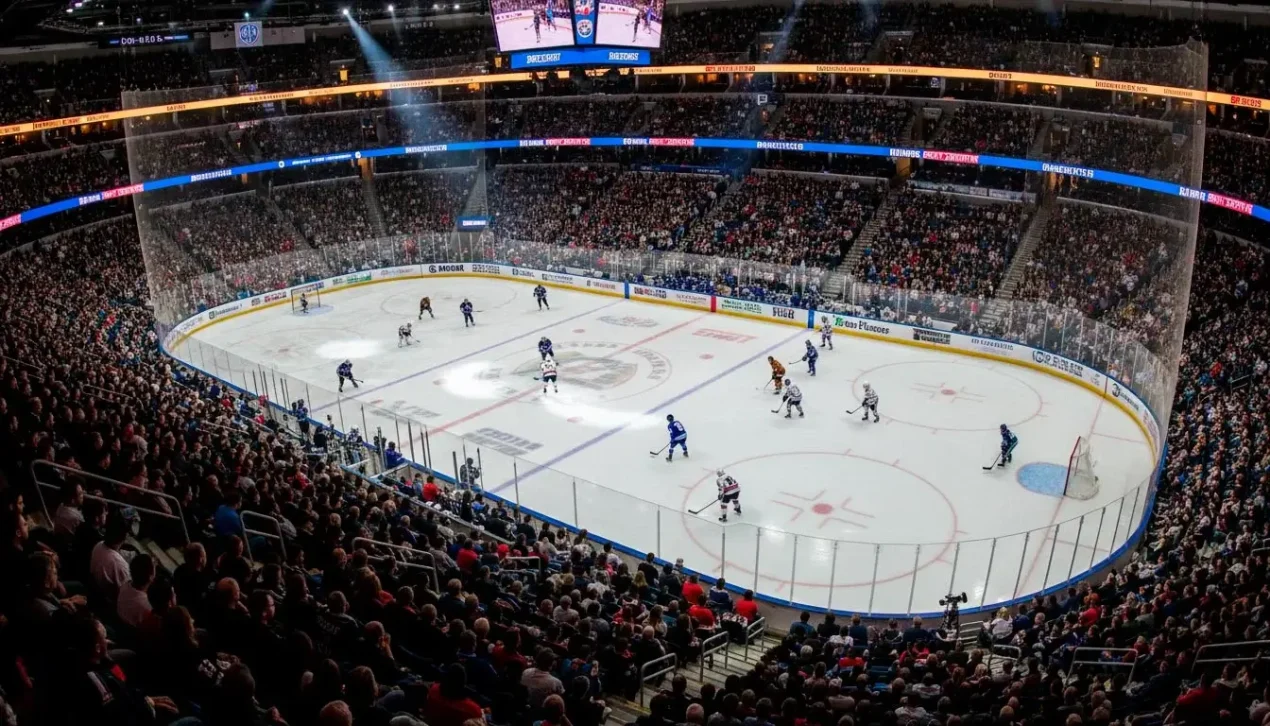 Ishockeymatch i full gång under kvällsbelysning i en fullsatt arena