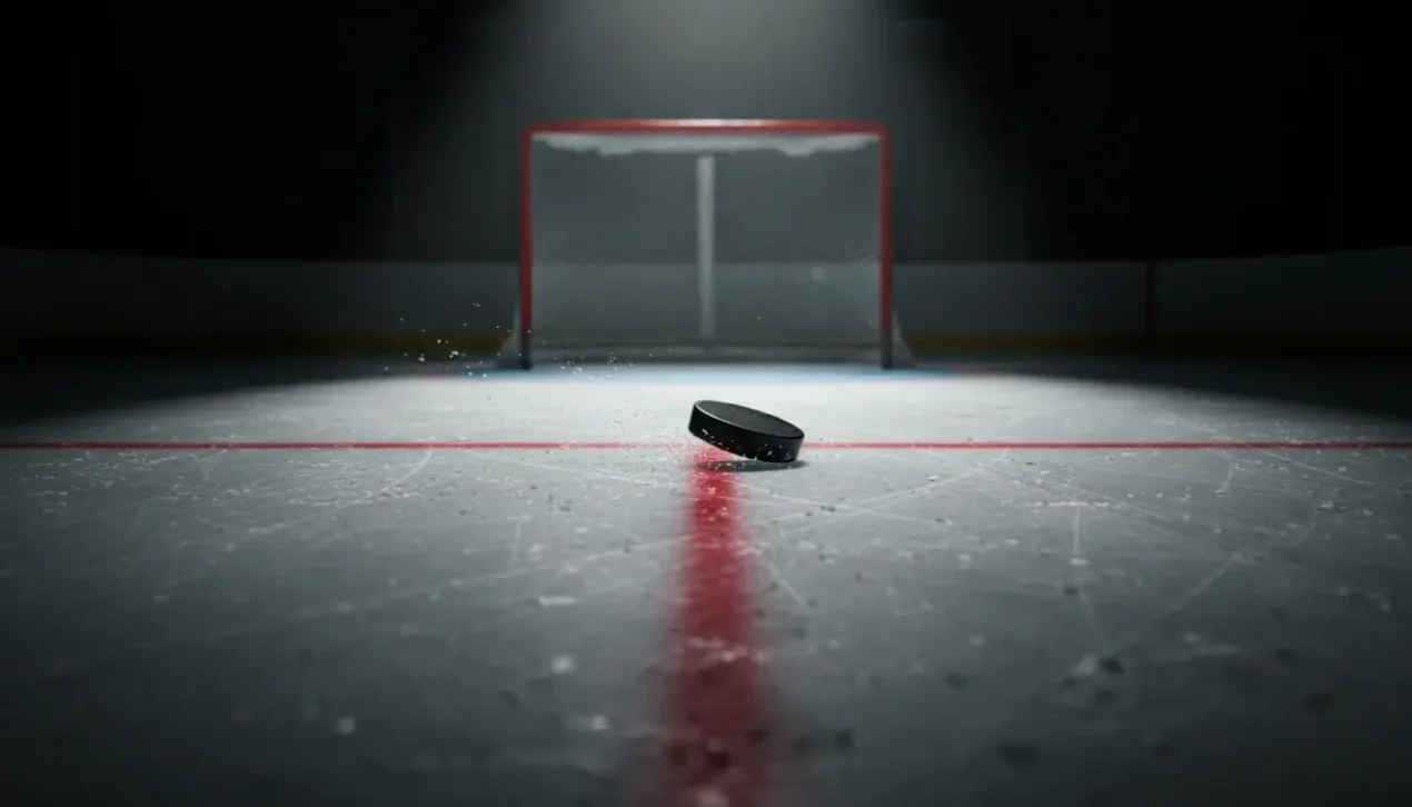 Närbild på en ishockeypuck som glider över mållinjen på en isyta