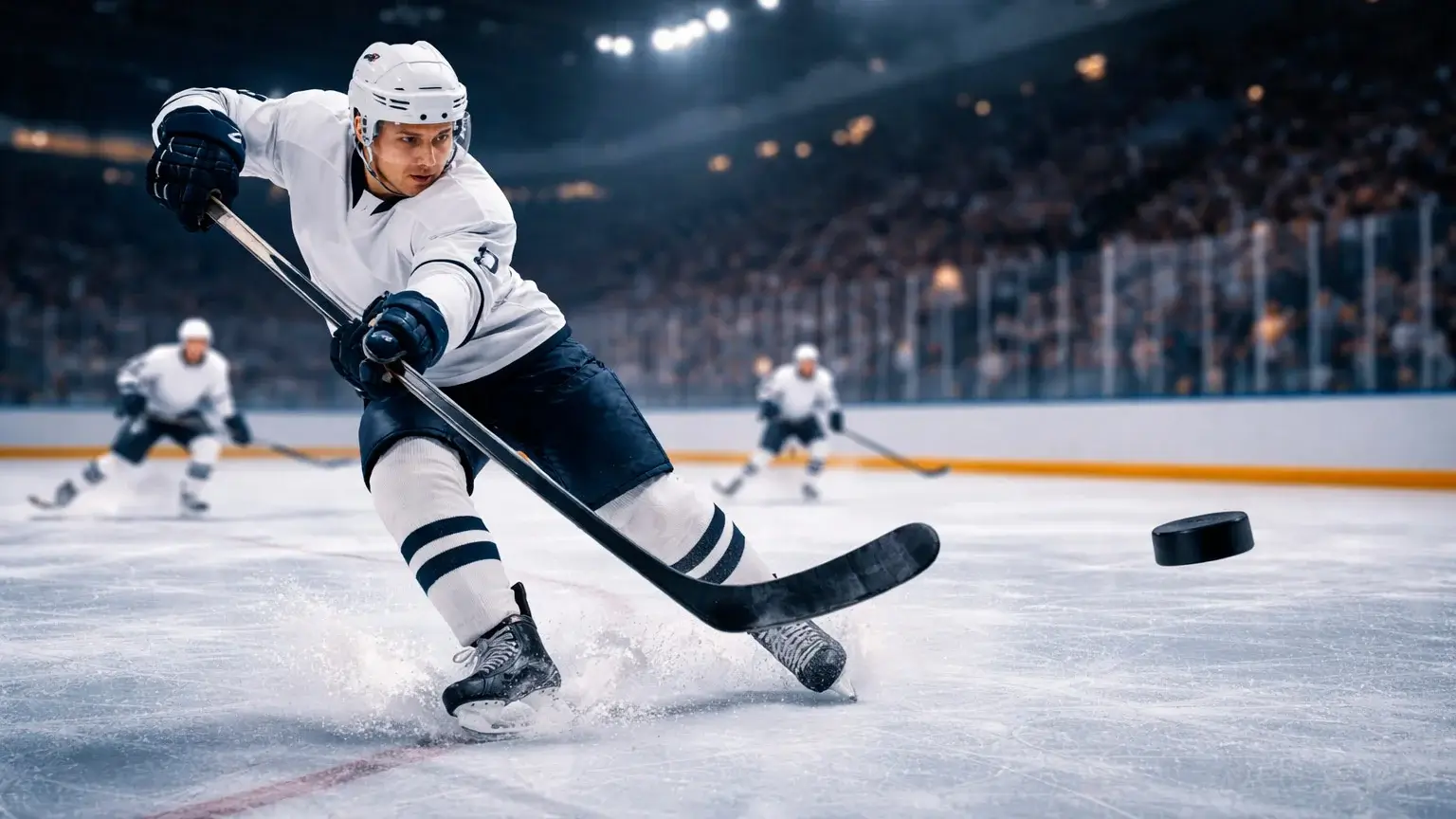 Ishockeyspelare tar ett kraftfullt skott mot mål under en hockeymatch