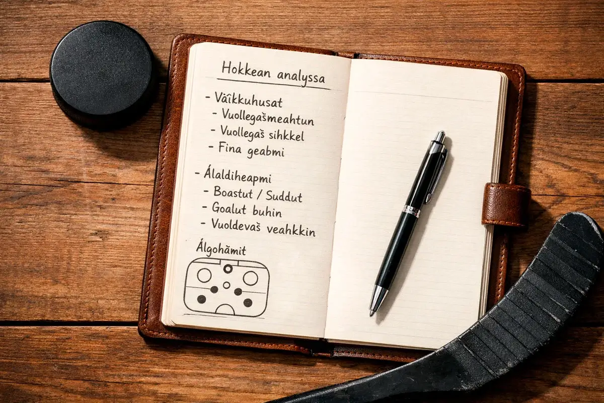 Anteckningsblock med hockeyanalys bredvid en ishockeypuck och klubba