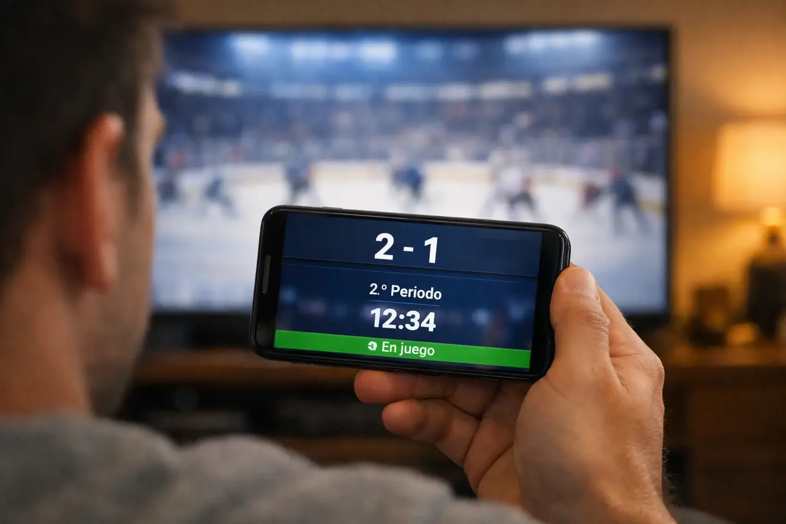 Person följer ishockeymatch på mobiltelefon med livebetting