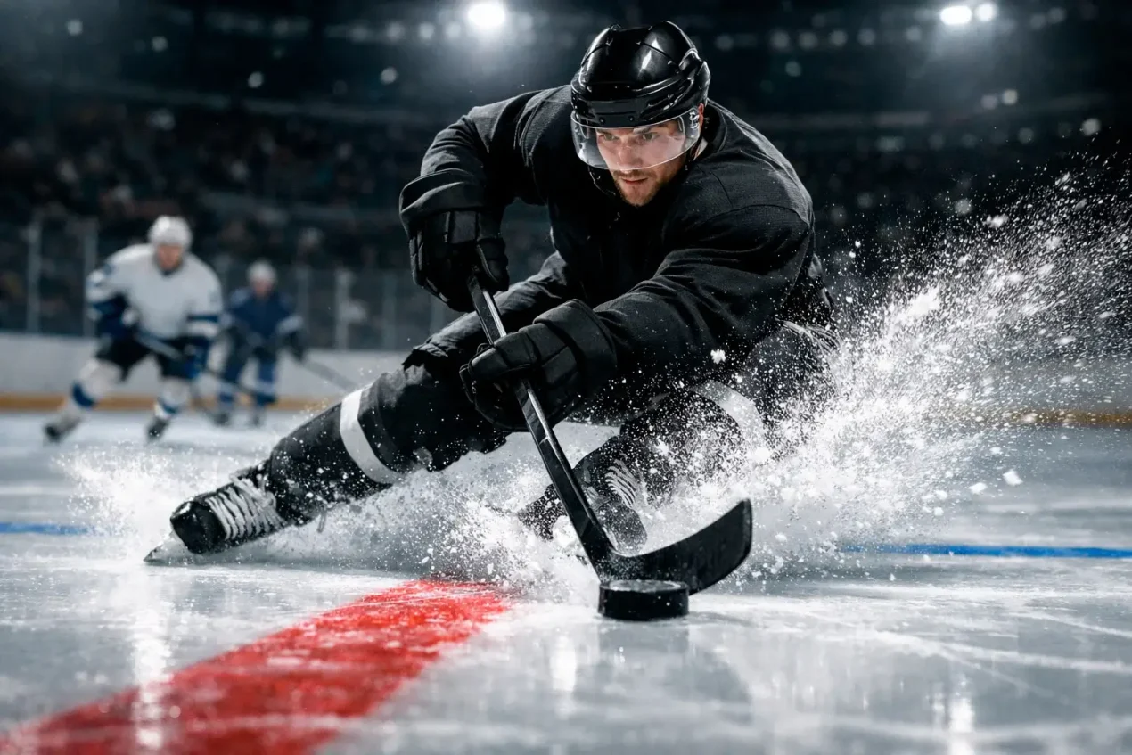 NHL-ishockeyspelare i intensiv aktion på isen under strålkastarljus