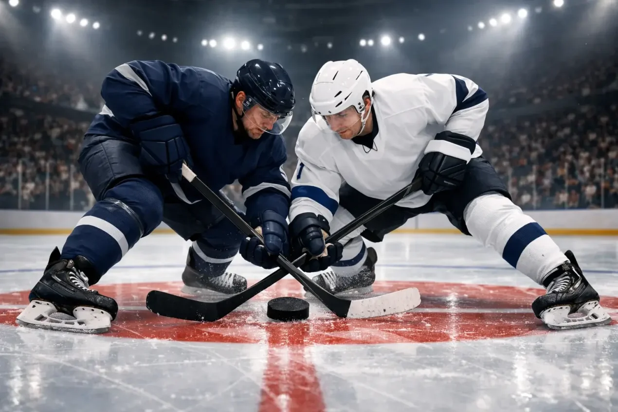 SHL-ishockeymatch i en fullsatt svensk arena med dramatisk belysning